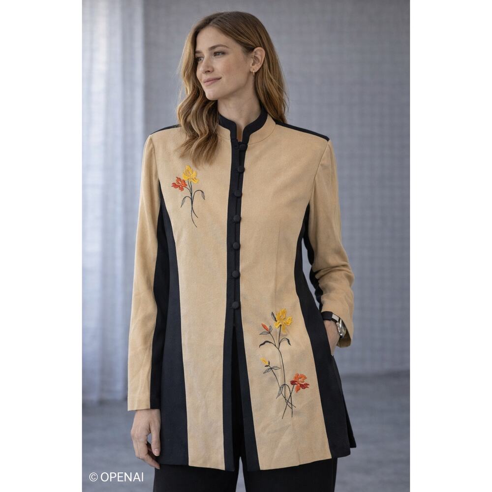 Jason Mathews Jacket Womens Embroidered Floral Mandarin Collar AsianTan Black M